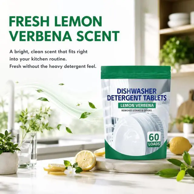 Alt view image 6 of 6 - Premium Dishwasher Tablets - Lemon Verbena, 60-Count. Advanced Grease & Odor Removal Formula for Sparkling Clean Dishes. (60 Count)