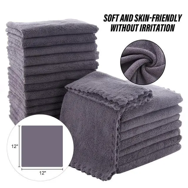 Alt view image 4 of 7 - Ultra Soft Premium Washcloths Set - 12 x 12 inches - 24 Pack - Quick Drying - Highly Absorbent Coral Velvet Bathroom Wash Clothes - Use as Bath, Spa, Facial, Fingertip Towel (Grey)