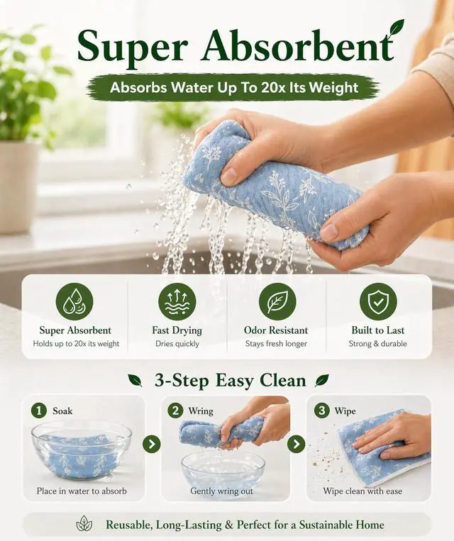 Alt view image 4 of 7 - 10 Pcs Leaf Print Swedish Dishcloths for Kitchen, Washable German Cellulose