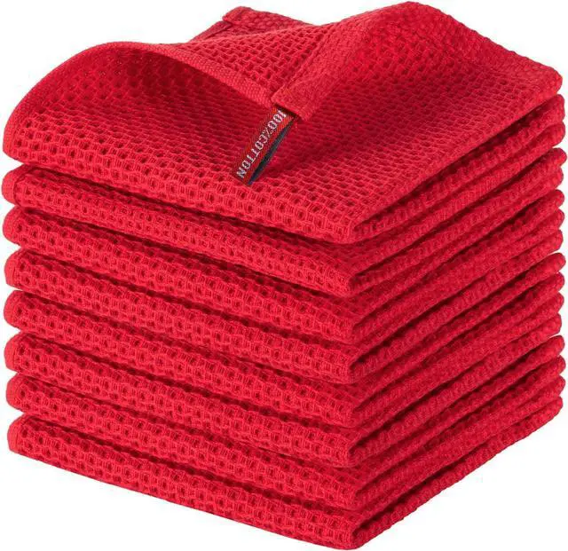 Main image of Cotton Kitchen Dish Cloths, 8-Pack Waffle Weave Ultra Soft Absorbent Dish Towels Washcloths Quick Drying Dish Rags, 12x12 Inches, Red