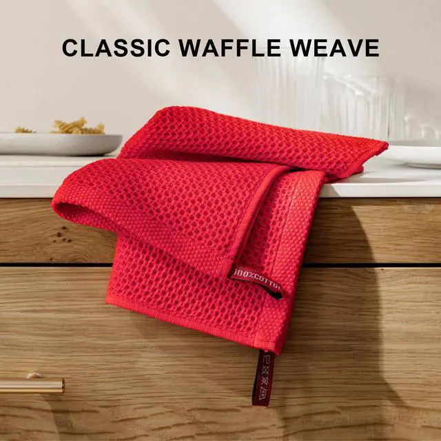 Alt view image 6 of 7 - Cotton Kitchen Dish Cloths, 8-Pack Waffle Weave Ultra Soft Absorbent Dish Towels Washcloths Quick Drying Dish Rags, 12x12 Inches, Red