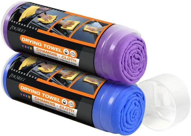 Main image of Premium Shammy Towel for Car, Super Absorbent 2 Pack 26""x17"" Car Drying Towel, Reusable Soft Car Wash Cloth, Chamois Cloth for Car, Dust Remove, No Scratch/Spot/Streak, Blue & Purple