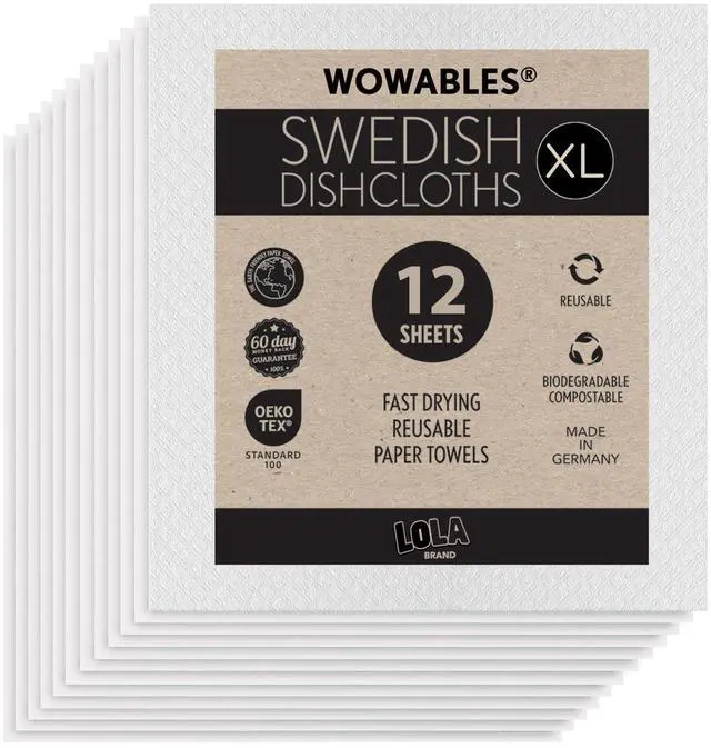 Main image of Swedish Dishcloths for Kitchen XL, 12 Sheet Roll, Biodegradable & Compostable, Reusable Paper Towel Cleaning Cloths, 11" x 10", No Odor, Washing Dishes, Ultra Absorbent Cellulose Sponge Towel