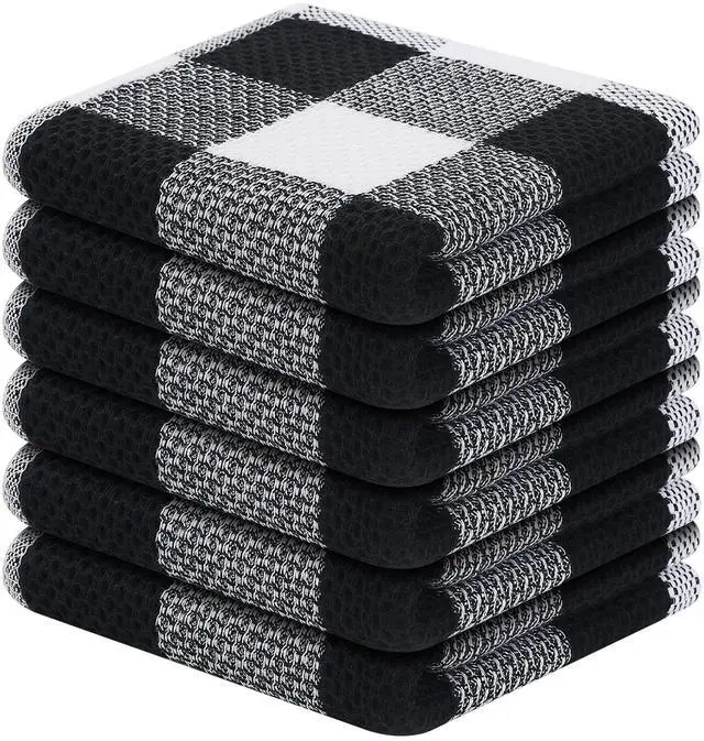 Main image of 100% Cotton Check 6 Pack Dish Cloths, 12" x 12", White & Black