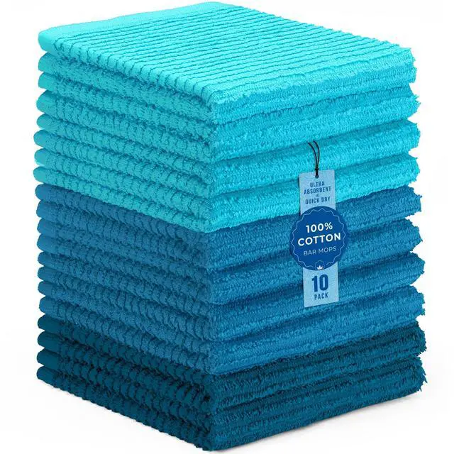 Main image of 10 Pack 100% Cotton Bar Mops, 12 x 12 inch Kitchen Dish Cloths, Multi-Purpose Cleaning Towels, Ultra Absorbent, Machine Washable, Quick Dry, Turquoise (Pack of 10)