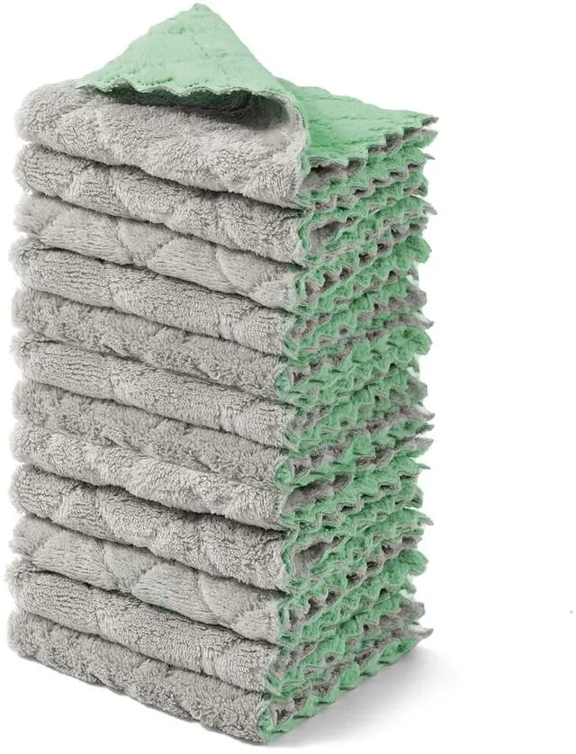 Main image of 12 Pack Dish Towels, 10x10 in Premium Dish Cloths, Super Absorbent Kitchen Towels Coral Velvet Dishcloths Nonstick Oil Fast Drying Washcloths (Green-Grey)