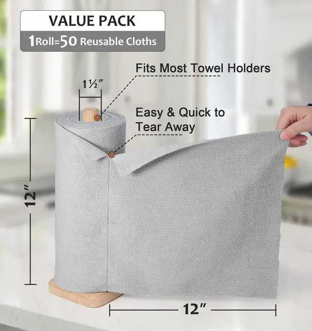 Alt view image 3 of 6 - Microfiber Cleaning Cloth, Reusable Paper Towels Rolls, 50 Packs 12x12 inch Cleaning Rags for Washing Dishes, Kitchen, Bathroom, Car, Grey