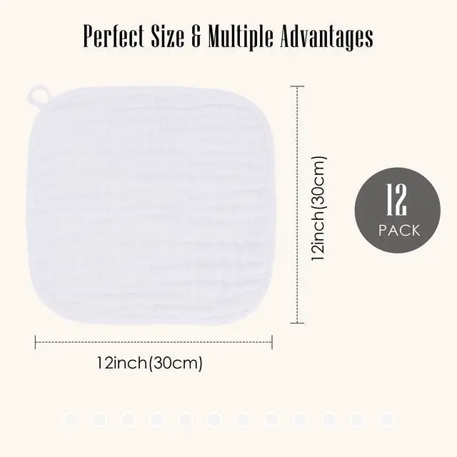 Alt view image 3 of 7 - Baby Washcloths -100% Cotton Muslin Soft Baby Bath Wash Cloths and Absorbent Baby Wipes for Newborns Kids Girls and Boys - 12 Pack, 12x12 Inches - White