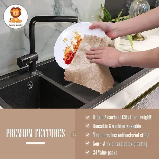 Alt view image 6 of 7 - 24 Pack Kitchen Dishcloths - Does Not Shed Fluff - Reusable Dish Towels, Dish Cloths, Super Absorbent Coral Fleece Cleaning Cloths, Nonstick Oil Washable Fast Drying, 7 x 9 Inch (Brown)