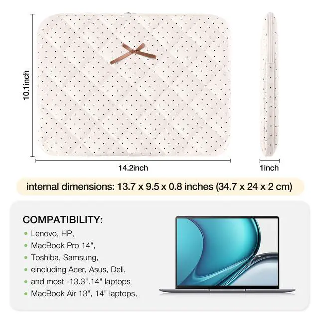 Alt view image 3 of 6 - Cute Bow Laptop Sleeve 14 Inch for 14" MacBook, Puffy Quilted Laptop Case Computer Cover for 14" MacBook, Hp, Dell, Lenovo, Acer, Chromebook