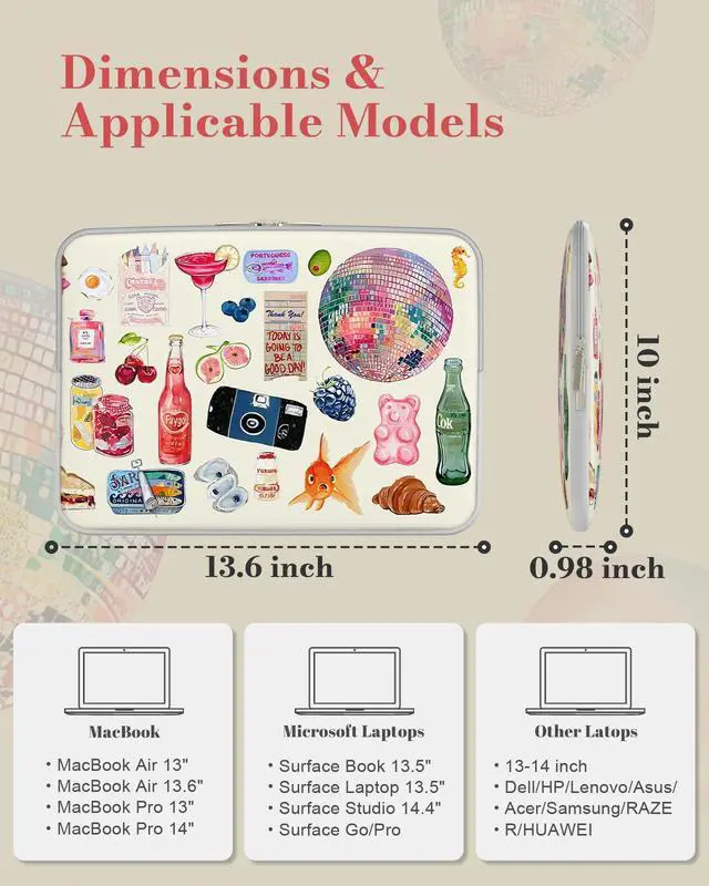 Alt view image 6 of 7 - MacBook Neo Sleeve Case, Back to School Cute Laptop case for MacBook Air/Pro 13-13.6 inch, Slim Protective Travel Carrying Sleeve for 14 inch Chromebook, HP, Dell, Vintage Stickers