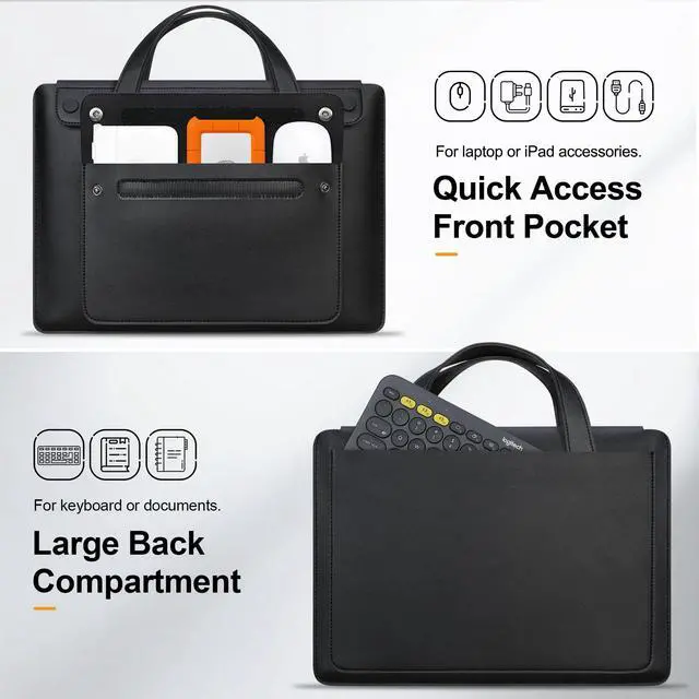 Alt view image 4 of 7 - 14 Inch Laptop Sleeve Case Bag for HP 14" Laptop, Lenovo Dell ASUS Acer Chromebook 14, HP Stream 14, Dell Latitude 14, ASUS Vivobook 14, Leather Computer Bag with 3 Compartments & Handle, Black