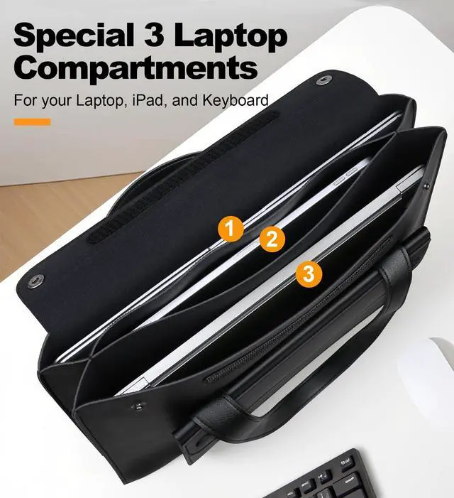 Alt view image 2 of 7 - 14 Inch Laptop Sleeve Case Bag for HP 14" Laptop, Lenovo Dell ASUS Acer Chromebook 14, HP Stream 14, Dell Latitude 14, ASUS Vivobook 14, Leather Computer Bag with 3 Compartments & Handle, Black