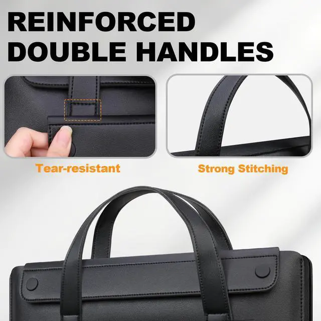 Alt view image 5 of 7 - 14 Inch Laptop Sleeve Case Bag for HP 14" Laptop, Lenovo Dell ASUS Acer Chromebook 14, HP Stream 14, Dell Latitude 14, ASUS Vivobook 14, Leather Computer Bag with 3 Compartments & Handle, Black