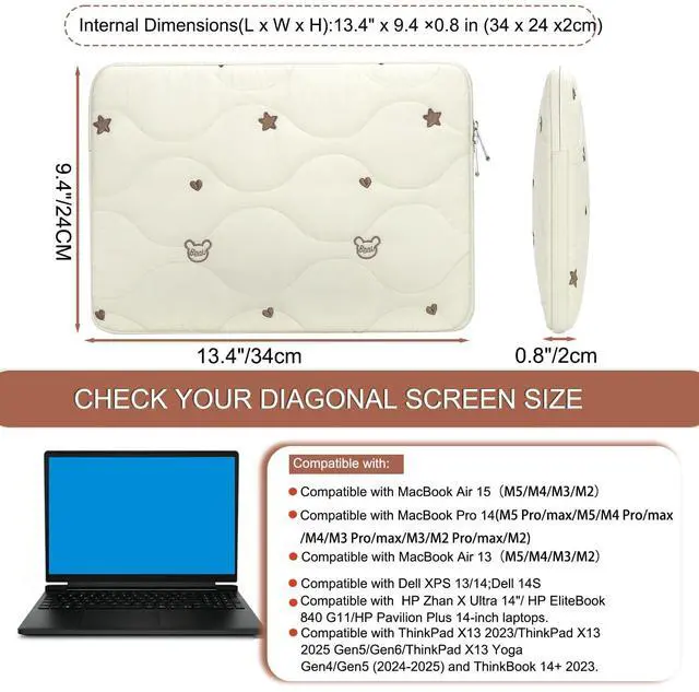 Alt view image 2 of 7 - 13 14 Inch Laptop Sleeve-Water-Repellent Cover with Bear Head Embroidery, Shockproof Padded Laptop Cover Compatible with MacBook Air 13/Pro 14, HP, Dell, Lenovo, Acer, Beige