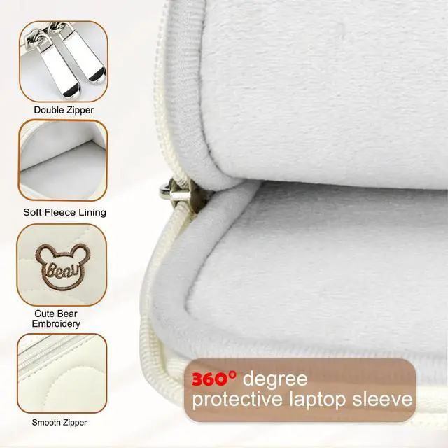 Alt view image 4 of 7 - 13 14 Inch Laptop Sleeve-Water-Repellent Cover with Bear Head Embroidery, Shockproof Padded Laptop Cover Compatible with MacBook Air 13/Pro 14, HP, Dell, Lenovo, Acer, Beige