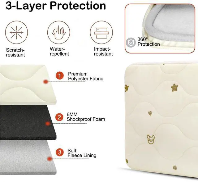 Alt view image 3 of 7 - 13 14 Inch Laptop Sleeve-Water-Repellent Cover with Bear Head Embroidery, Shockproof Padded Laptop Cover Compatible with MacBook Air 13/Pro 14, HP, Dell, Lenovo, Acer, Beige