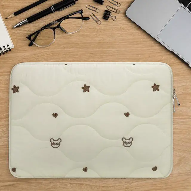 Alt view image 6 of 7 - 13 14 Inch Laptop Sleeve-Water-Repellent Cover with Bear Head Embroidery, Shockproof Padded Laptop Cover Compatible with MacBook Air 13/Pro 14, HP, Dell, Lenovo, Acer, Beige