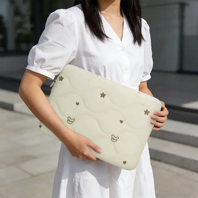 Alt view image 7 of 7 - 13 14 Inch Laptop Sleeve-Water-Repellent Cover with Bear Head Embroidery, Shockproof Padded Laptop Cover Compatible with MacBook Air 13/Pro 14, HP, Dell, Lenovo, Acer, Beige