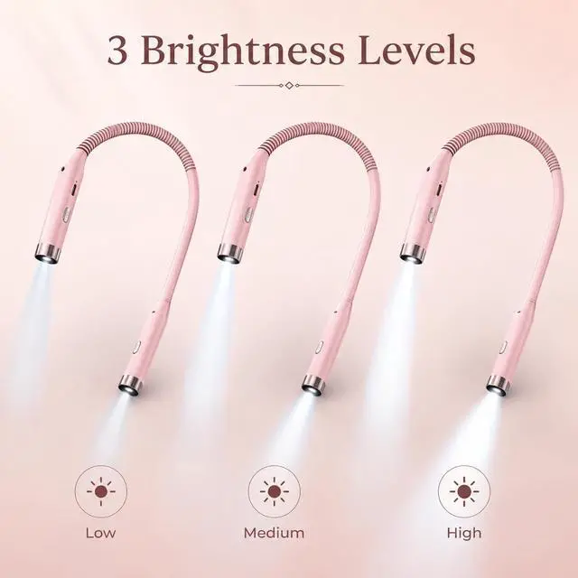 Alt view image 3 of 7 - Neck Reading Light, Bed Reading Light at Night, 3-Level Brightness LED Reading Light, Hands-Free, Rechargeable, Long-Lasting, Perfect for Reading, Knitting, Camping, repairin.. (Pink)