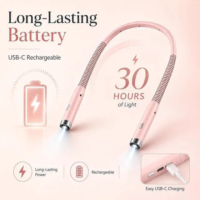Alt view image 6 of 7 - Neck Reading Light, Bed Reading Light at Night, 3-Level Brightness LED Reading Light, Hands-Free, Rechargeable, Long-Lasting, Perfect for Reading, Knitting, Camping, repairin.. (Pink)