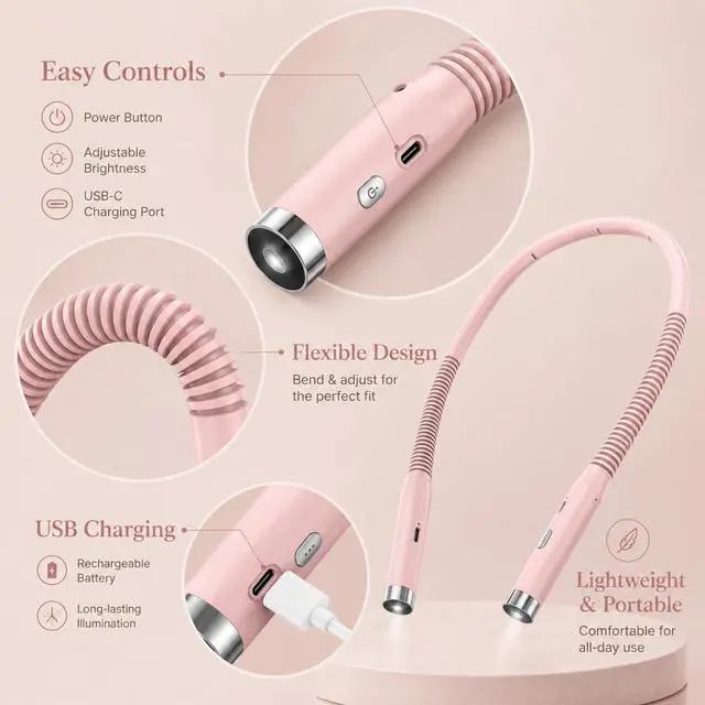 Alt view image 5 of 7 - Neck Reading Light, Bed Reading Light at Night, 3-Level Brightness LED Reading Light, Hands-Free, Rechargeable, Long-Lasting, Perfect for Reading, Knitting, Camping, repairin.. (Pink)