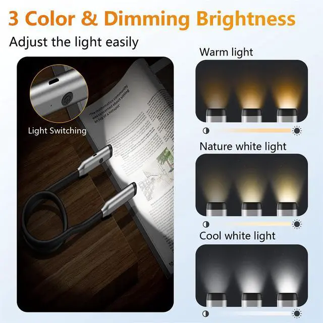 Alt view image 2 of 7 - Book Light LED Neck Reading Light,Bendable Rechargeable Book Light for Reading in Bed,Eye Friendly - 3 Colors & 3 Brightness Levels Perfect for Bookworms Kids Crafts Knitting Travel (Gray)