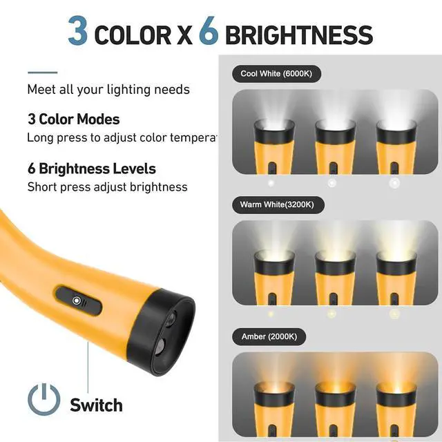 Alt view image 2 of 6 - Neck Reading Light Rechargeable, 6 Brightness Levels 3 Colors Amber Book Light for Reading in Bed, 80H Working, Hands-Free for Reading, Crocheting, Repairing and Camping, Yellow