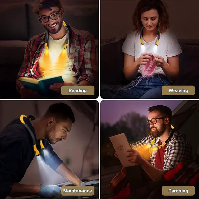 Alt view image 5 of 6 - Neck Reading Light Rechargeable, 6 Brightness Levels 3 Colors Amber Book Light for Reading in Bed, 80H Working, Hands-Free for Reading, Crocheting, Repairing and Camping, Yellow