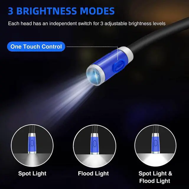 Alt view image 2 of 5 - Neck Reading Light, Rechargeable Book Light for Reading in Bed, 3 Brightness Modes, Bendable Arms, Long Lasting, Perfect for Reading, Knitting, Camping, Repairing (Blue