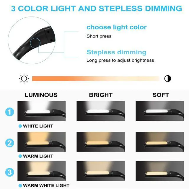 Alt view image 2 of 7 - LED Neck Reading Light,Book Lights for Reading in Bed,Adjustable Brightness Desk Lamp,3 Color,with Bendable Arms,Suitable for Repairing,Night Running,Walking,Knitting,Camping,Perfect Gifts