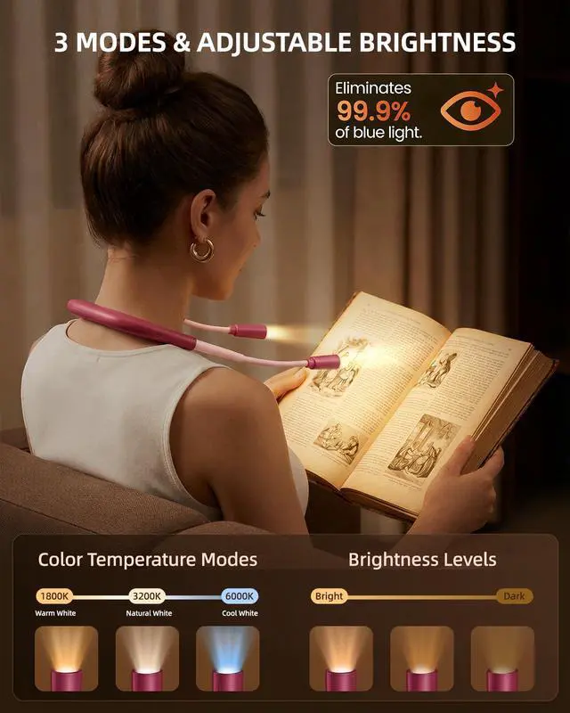 Alt view image 2 of 7 - Rechargeable Book Light,3 Colors and Brightness Adjustable Reading Light,Bendable Neck Light,100hrs Long-Lasting,Perfect Reading Lamp Gift for Books in Bed, Knitting,Repairing,Working