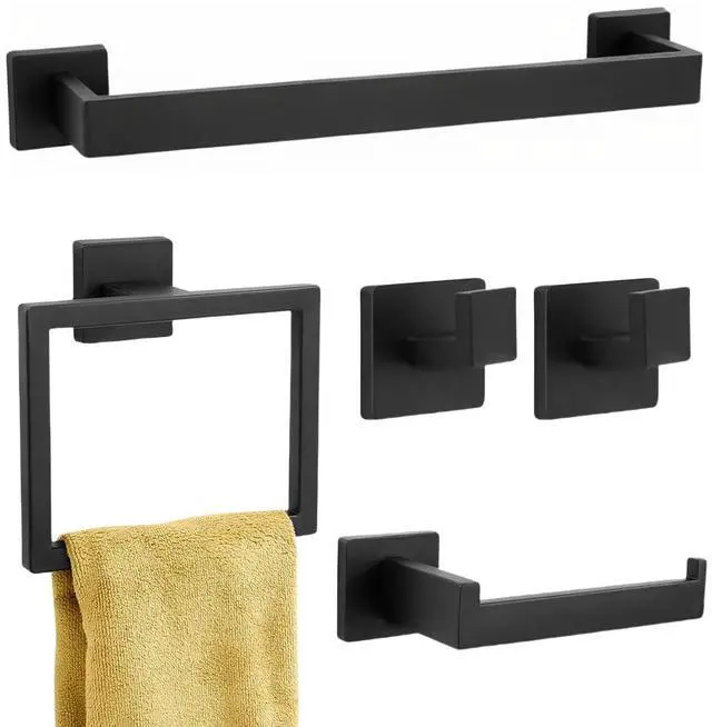 Main image of 5-Piece Matte Black Bathroom Hardware Accessories Set - 16 Inch Stainless Steel Wall Mounted Towel Rack, Toilet Paper Holder, Towel Ring & 2 Hooks, Bathroom Organizer and Storage
