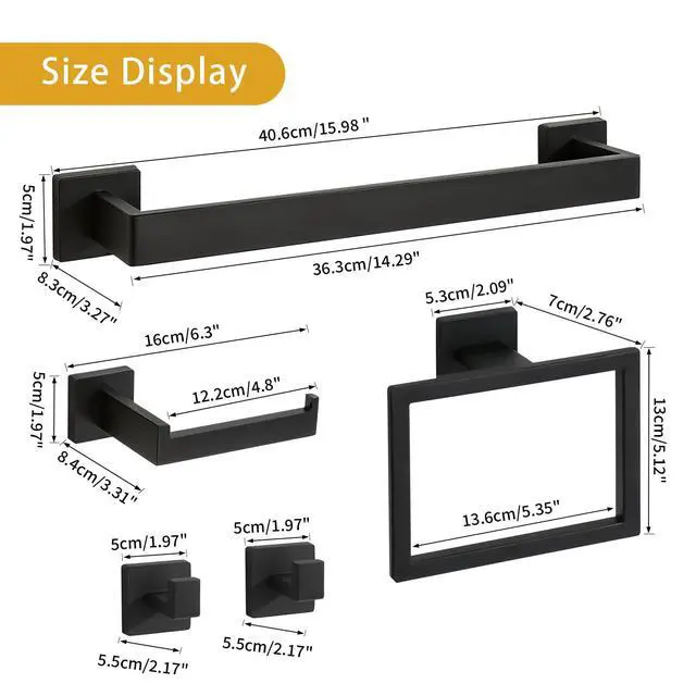 Alt view image 3 of 7 - 5-Piece Matte Black Bathroom Hardware Accessories Set - 16 Inch Stainless Steel Wall Mounted Towel Rack, Toilet Paper Holder, Towel Ring & 2 Hooks, Bathroom Organizer and Storage