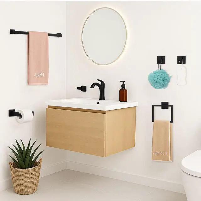 Alt view image 2 of 7 - 5-Piece Matte Black Bathroom Hardware Accessories Set - 16 Inch Stainless Steel Wall Mounted Towel Rack, Toilet Paper Holder, Towel Ring & 2 Hooks, Bathroom Organizer and Storage