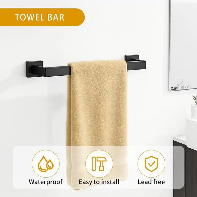 Alt view image 4 of 7 - 5-Piece Matte Black Bathroom Hardware Accessories Set - 16 Inch Stainless Steel Wall Mounted Towel Rack, Toilet Paper Holder, Towel Ring & 2 Hooks, Bathroom Organizer and Storage