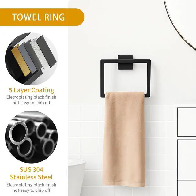 Alt view image 5 of 7 - 5-Piece Matte Black Bathroom Hardware Accessories Set - 16 Inch Stainless Steel Wall Mounted Towel Rack, Toilet Paper Holder, Towel Ring & 2 Hooks, Bathroom Organizer and Storage