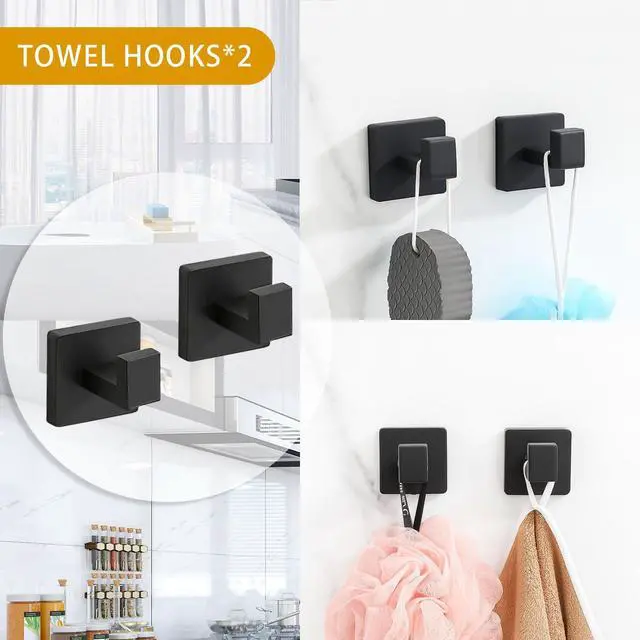 Alt view image 6 of 7 - 5-Piece Matte Black Bathroom Hardware Accessories Set - 16 Inch Stainless Steel Wall Mounted Towel Rack, Toilet Paper Holder, Towel Ring & 2 Hooks, Bathroom Organizer and Storage
