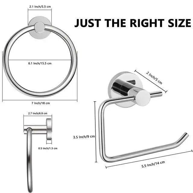 Alt view image 2 of 7 - Towel Ring and Toilet Paper Holder Set, Stainless Steel Bath Towel Hanger and Tissue Roll Holders, Bathroom Hardware Accessories Wall Mounted 2 Pieces (Polished Chrome)