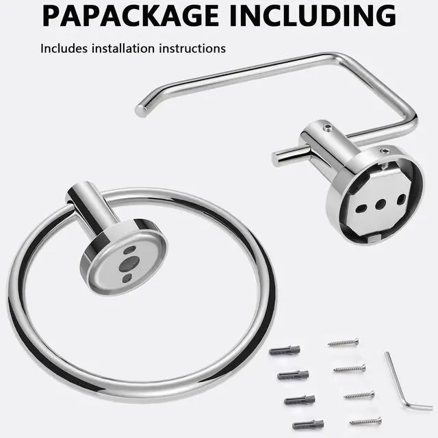 Alt view image 3 of 7 - Towel Ring and Toilet Paper Holder Set, Stainless Steel Bath Towel Hanger and Tissue Roll Holders, Bathroom Hardware Accessories Wall Mounted 2 Pieces (Polished Chrome)