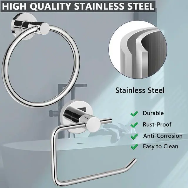 Alt view image 4 of 7 - Towel Ring and Toilet Paper Holder Set, Stainless Steel Bath Towel Hanger and Tissue Roll Holders, Bathroom Hardware Accessories Wall Mounted 2 Pieces (Polished Chrome)
