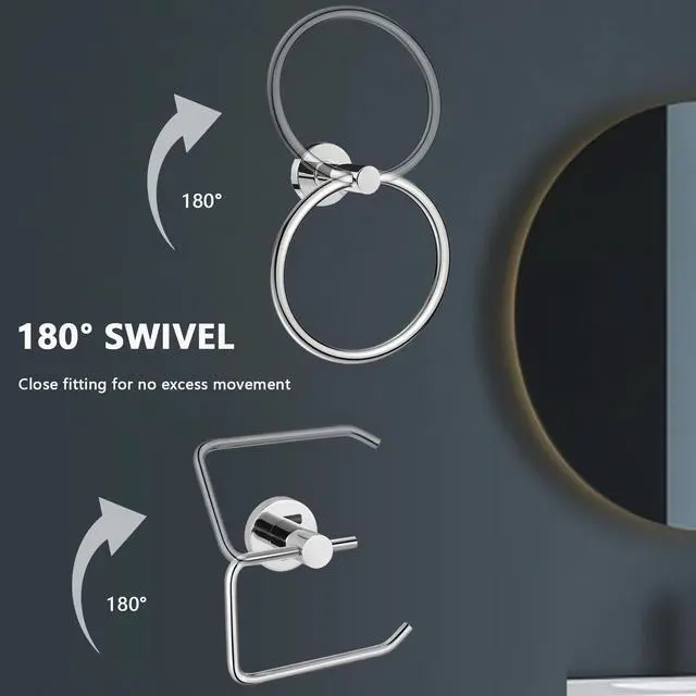 Alt view image 5 of 7 - Towel Ring and Toilet Paper Holder Set, Stainless Steel Bath Towel Hanger and Tissue Roll Holders, Bathroom Hardware Accessories Wall Mounted 2 Pieces (Polished Chrome)