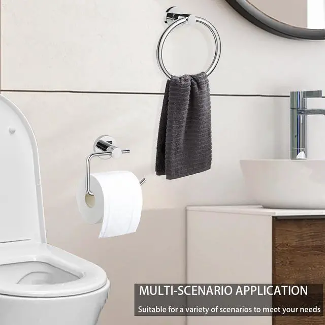 Alt view image 7 of 7 - Towel Ring and Toilet Paper Holder Set, Stainless Steel Bath Towel Hanger and Tissue Roll Holders, Bathroom Hardware Accessories Wall Mounted 2 Pieces (Polished Chrome)
