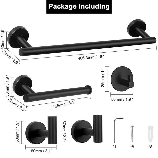 Alt view image 4 of 6 - Bathroom Hardware Set SUS 304 Thicken Stainless Steel-Towel Bar Set Include 16" Towel Rod, Toilet Paper Holder, Multifunctional Hooks Bathroom Accessories (Matte Black, 5 Pcs)