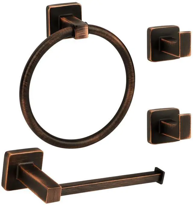 Main image of 4 Pieces Oil Rubbed Bronze Bathroom Hardware Accessories, Include Hand Towel Ring, Toilet Paper Holder and 2 Robe Towel Hooks,Bronze Bathroom Hardware Set