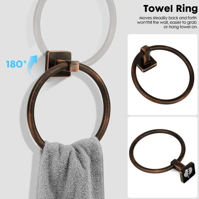 Alt view image 3 of 7 - 4 Pieces Oil Rubbed Bronze Bathroom Hardware Accessories, Include Hand Towel Ring, Toilet Paper Holder and 2 Robe Towel Hooks,Bronze Bathroom Hardware Set
