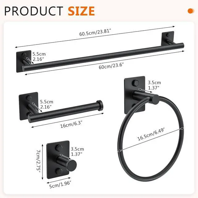 Alt view image 6 of 7 - 5 Pieces Bathroom Hardware Accessories Set Matte Black Towel Bar Set Stainless Steel Wall-Mounted 23.6 Inch Towel Holder