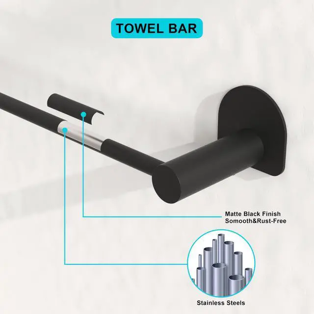 Alt view image 3 of 7 - Bathroom Hardware Set 5 Pieces, Black Matte Towel Bar Set Wall Mounted, Includes 15In Hand Towel Bar, Towel Ring, 2PCS Towel Hook, Toilet Paper Holder, Stainless Steel Bathroom Accessories Set