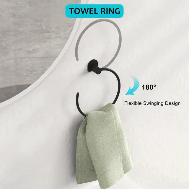 Alt view image 4 of 7 - Bathroom Hardware Set 5 Pieces, Black Matte Towel Bar Set Wall Mounted, Includes 15In Hand Towel Bar, Towel Ring, 2PCS Towel Hook, Toilet Paper Holder, Stainless Steel Bathroom Accessories Set