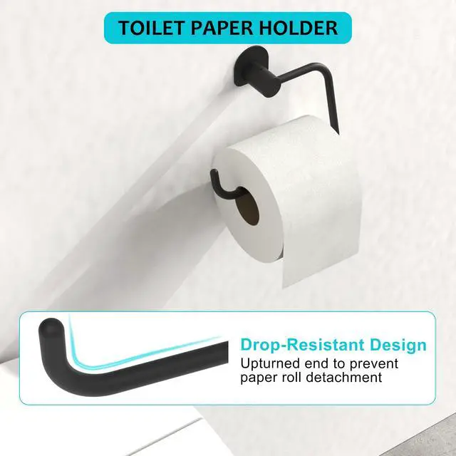 Alt view image 5 of 7 - Bathroom Hardware Set 5 Pieces, Black Matte Towel Bar Set Wall Mounted, Includes 15In Hand Towel Bar, Towel Ring, 2PCS Towel Hook, Toilet Paper Holder, Stainless Steel Bathroom Accessories Set